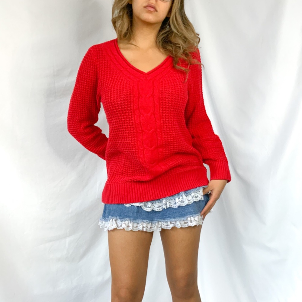 Vintage Red cozy knit oversized v neck sweater